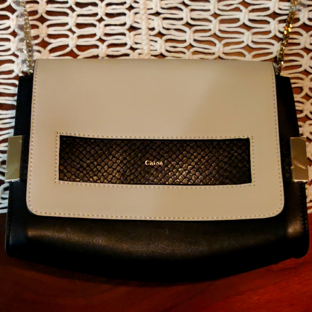 CHLOE Lambskin Snakeskin Medium Elle Chain Clutch Cream Black